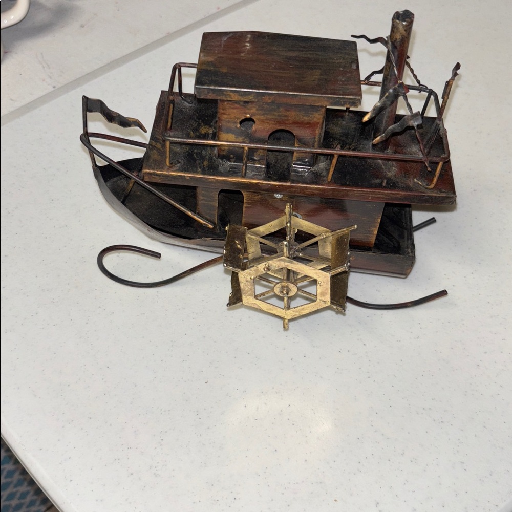 Rustic Paddlewheel Riverboat Wind up musical Sculpture